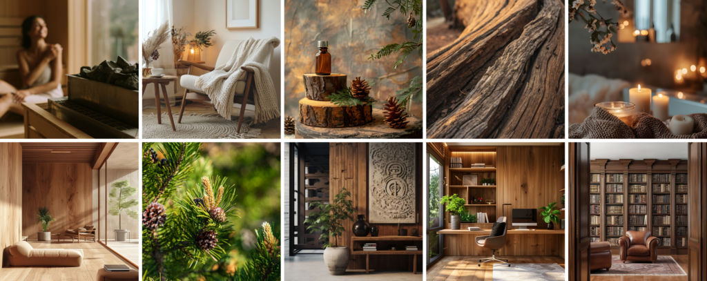 Moodboard zapachu Cedar Wood - drewno cedrowe