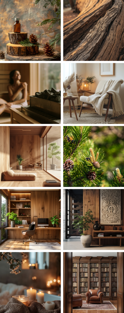 Moodboard zapachu Cedar Wood - drewno cedrowe